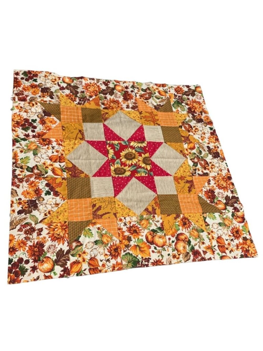 Handmade Autumn Quilt Star Block Floral & Patchwork Design 20"x20"